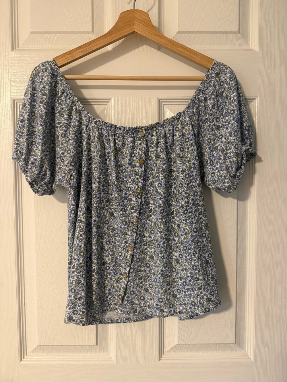 Blue Floral Off-Shoulder Button-Front Blouse